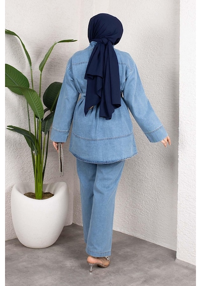 Misskayle Kuşaklı Düğmeli Denim Takım Rahat Kesim İkili Kombin Buz Mavisi Buzmavi