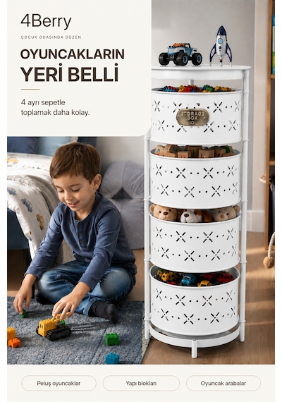 4 Katlı Metal Çok Amaçlı Düzenleyici Sepet Mutfak Sebzelik, Oyuncak, Banyo Ve Ev Organizeri Beyaz