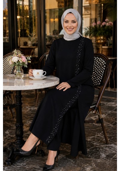 Hb Harma Time Butik Kadın İnci İşlemeli Siyah Tunik-pantolon İkili Takım