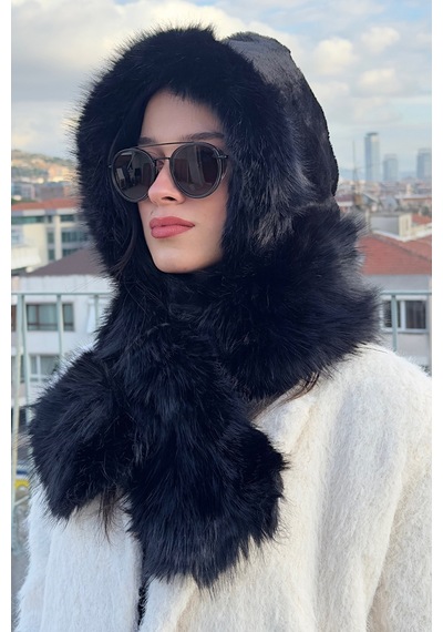 Mollycrush Kadın Suni Kürk Eşarp Atkı Şapka Kışlık Sıcak Tutan Soft Peluş Model Siyah