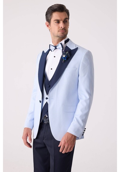 Ysf Erkek Açık Mavi Yelekli Kırlangıç Yaka Slim Fit Damatlık