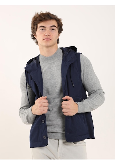 Dufy Lacivert Erkek Slim Fit Kapüşonlu Yelek Mont - 97125 Lacivert