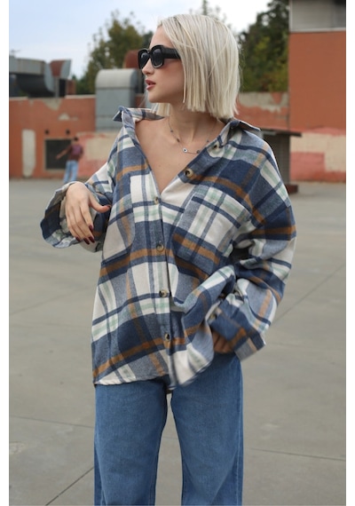 Madmext Lacivert Oversize Kadın Oduncu Gömlek Mg1589