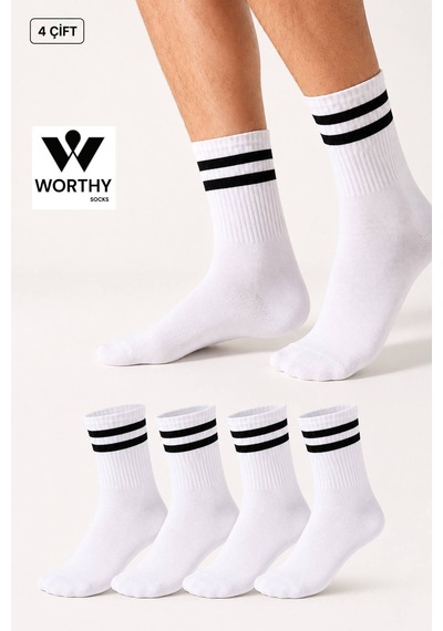 Worthy Socks 4'lü Pamuklu Unisex Tenis Spor Kolej Çorap Beyaz