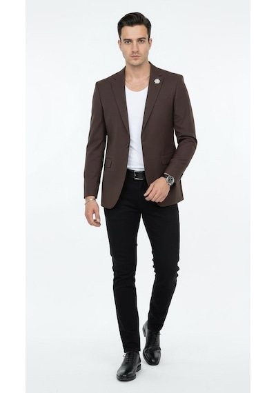 Plus Scorpion Erkek Mono Yaka Tek Düğmeli Çift Yırtmaçlı Blazer Ceket Premium Dokuma Kumaş, 8 Renk Kahverengi