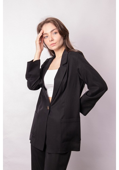 Kadın Baharlık Kumaş Rahat Kesim Yakalı Cepli Kolu Katlamalı Boyfriend Blazer Ceket-siyah Siyah Kadın Baharlık Kumaş Rahat Kesim Yakalı Cepli Kolu Katlamalı Boyfriend Blazer Ceket-siyah Siyah