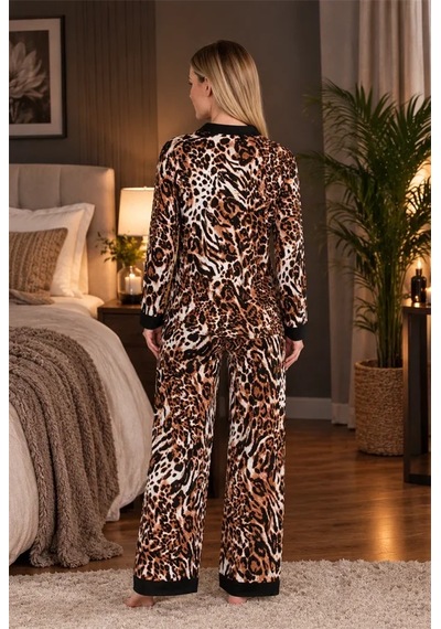 Go İthalat Şık Tasarım Viskon Leopar Desenli Önden Düğmeli Uzun Kollu Kadın Pijama Takımı