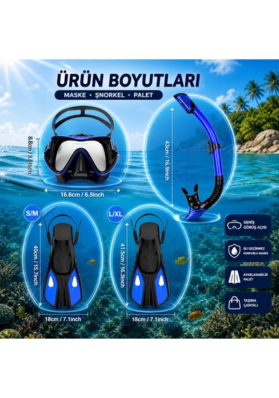 Hymark Full Dalış Seti S-m Beden Maske Şnorkel Palet Ayarlanabilir Profesyonel Deniz Seti Taşıma Çantalı Mavi - Siyah