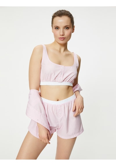 Koton Crop Pijama Üstü Beli Lastikli Düğmeli Askılı Pınk Strıpe 4slk90017mw 4SLK90017MW2S5
