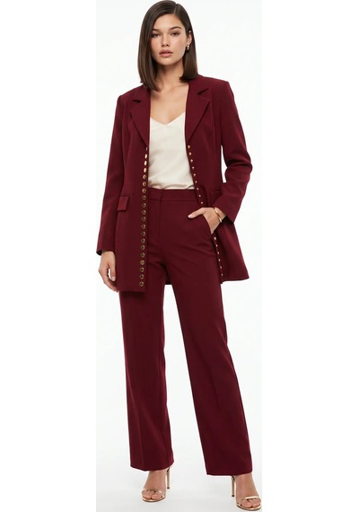 CEMO Gold Düğme Detaylı Uzun Blazer Ceket Bordo