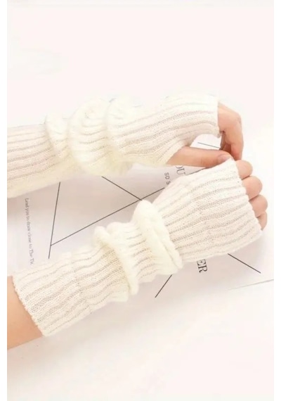 Moibody %100 Akrilik Premium Triko Örgü Hand Warmer El Isıtıcı Kolluk Eldiven Ekru Ekru