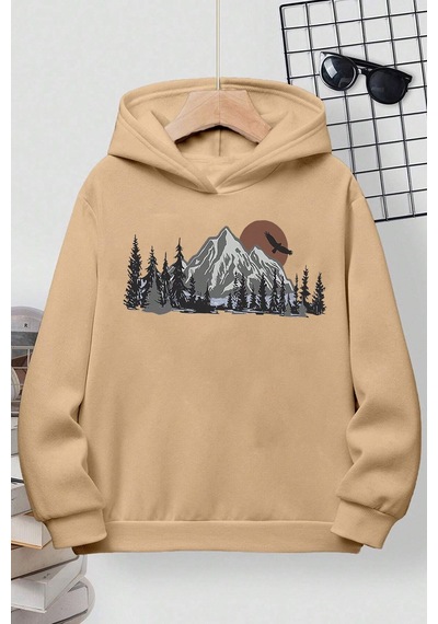 Uyguntarz Mountain Baskılı Erkek - Kız Çocuk Rahat Kalıp Sweatshirt Bej