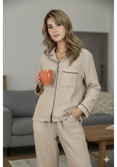 Varol %100 Pamuk Müslin Kadın Pijama Takımı - Bej Bej