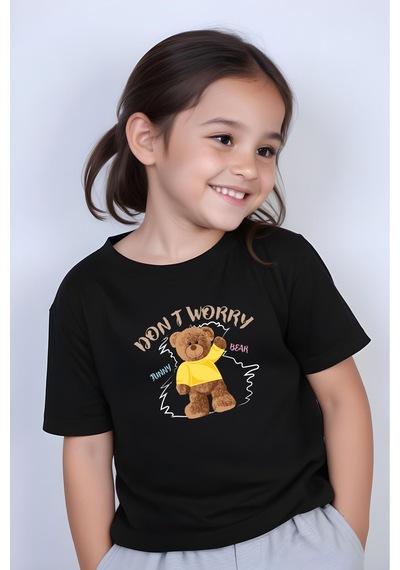 Panios Kids Worry Bear Baskılı Kız Çocuk Kısa Kollu T-shirt Siyah