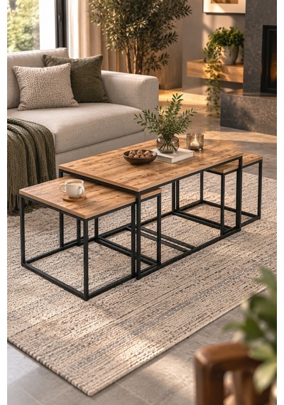 Sulorahome 4'lü Kahverengi Sehpa Seti - Atlantik Çam Desenli Ve Metal Ayaklı
