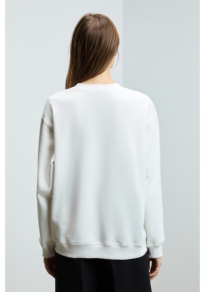 Grımelange KARIUS Kadın Organik Pamuklu İçi Polarlı Oversize Yuvarlak Yakalı Beyaz Sweatshirt