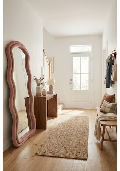 Ayaklı Kumaşlı Boy Aynası - Modern Dalgalı Tasarım Büyük Boy Ayna 182x87 Cm Pembe