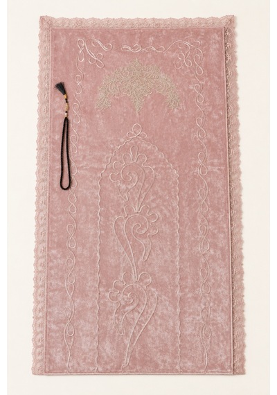Fransız Güpürlü Nakışlı Hediyelik Çeyizlik Gelin Damat Bohçası Tesbihli Seccade/seccade Seti 70x110 Siyah-pembe