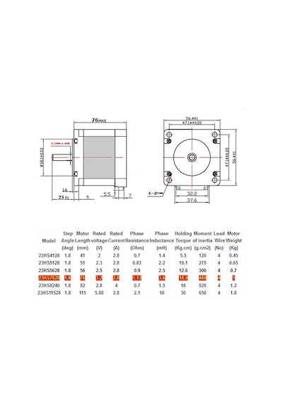 23HS7628 Nema 23 Step Motor 1.9 Nm 3.2V 2.8A D Mil 2 Faz 1.8 Derece 200 Adım 3D Yazıcı Printer