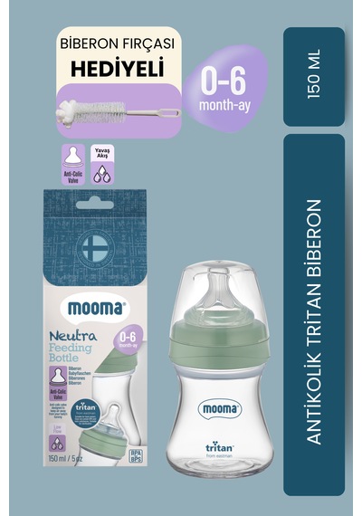Mooma Neutra Antikolik Tritan Biberon 150 Ml 0-6 Ay Yavaş Akış - Yeşil