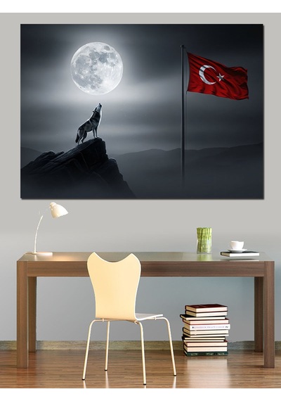 Ahşap Tablo Dolunayda Türk Bayrağı Ve Kurt