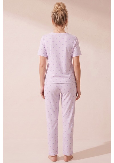 Siyah İnci Pamuklu Fitilli Kaşkorse Örme Pijama Takım 26120402 Lila Mor Çiçek