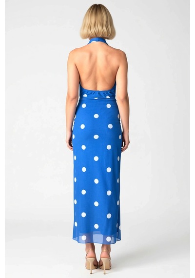 Benerly Kadın Degaje Yaka Kolsuz Puantiyeli Bodycon Kalıp Midi Elbise Fon Mavi