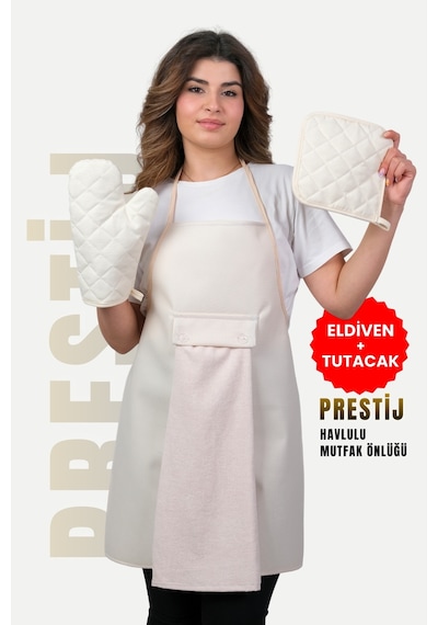 Prestij 4lü Set Sıvı Geçirmez Su Geçirmez Mutfak Önlüğü Eldiven Tutacak Krem Krem