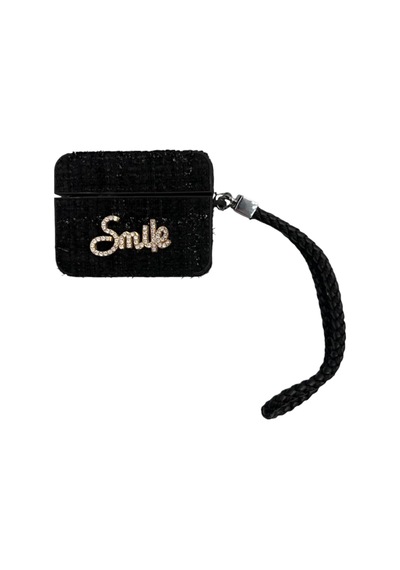 Airpods Pro/pro 2 İle Uyumlu Kumaş Dokulu Taş Detaylı Askılı Kılıf "smile", "goodluck" Ve Ayıcık Figürlü Şık Tasarımlar Smile Siyah