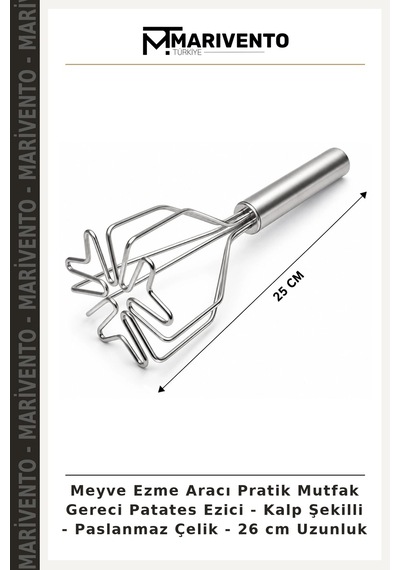 Meyve Ezme Aracı Pratik Mutfak Gereci Patates Ezici - Kalp Şekilli - Paslanmaz Çelik - 26 Cm Uzunluk
