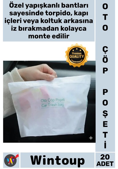 Poşet Yapışkanlı Sızdırmaz Hijyenik Özel Konforlu Pratik Su Geçirmez Oto Araba Çöp Poşeti 20 Adet