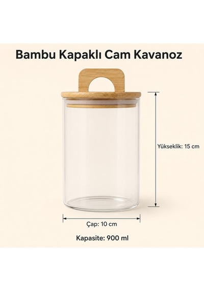 900 Ml Bambu Kapaklı Yuvarlak Cam Kavanoz, 10 Cm Çap 15 Cm Yükseklik, Contalı Kulplu Şeffaf Erzak Ve Kuru Gıda Saklama Kabı, Kahve Çay Şeker Bakliyat İçin Çok Renkli