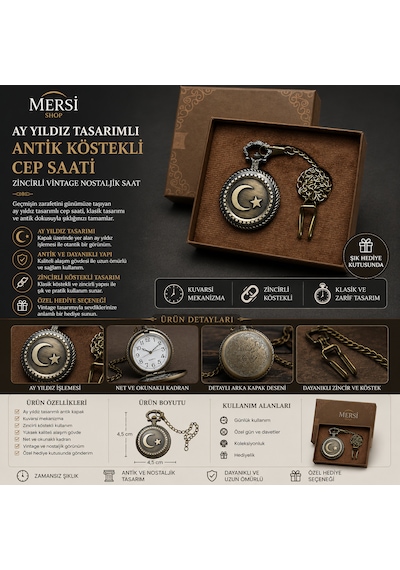 Ay Yıldız Tasarımlı Antik Köstekli Cep Saati Zincirli Vintage Nostaljik Saat 4,5 Cm
