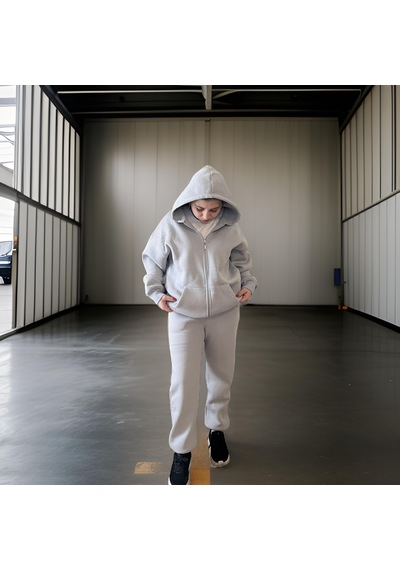 Ceyss Design Unisex Üç İplik Şardonlu Kapüşonlu Hırkalı Eşofman Takımı-açık Gri Açık Gri