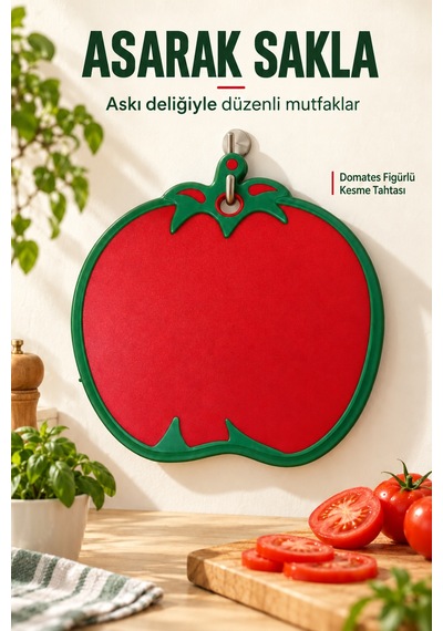 Domates Figürlü Kaydırmaz Kesme Tahtası 30 X 30 Cm Askılı Plastik Sebze Meyve Doğrama Panosu Kırmızı