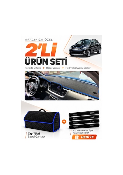 E-biz Kia Stonıc 2021-2025 Uyumlu Torpido Örtüsü + Tay Tüyü Bagaj Çantası - Siyah-mavi - Kı024