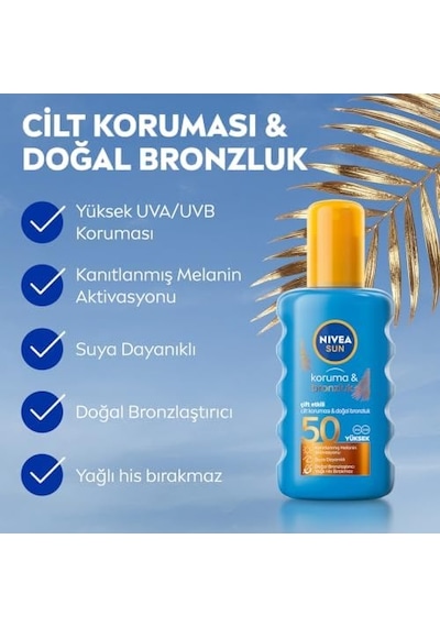 Sun Spf50 Koruma Ve Bronzluk Güneş Spreyi 200ml, Doğal Bronzluk, Suya Dayanıklı,melanin