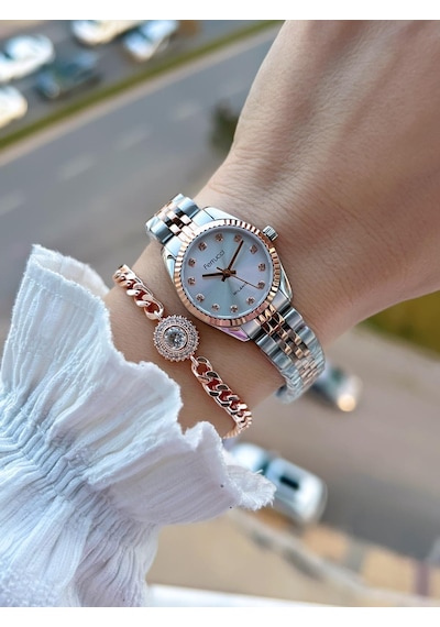 Ferrucci Küçük Vintage Kasa Çelik Kordon 2 Yıl Garantili 3 Atm Kadın Kol Saati+bileklik Fy.03630.5 Rose Gold - Gümüş