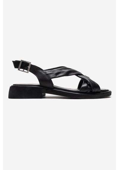 Luvishoes Frand Siyah Hakiki Deri Çapraz Bantlı Kadın Sandalet