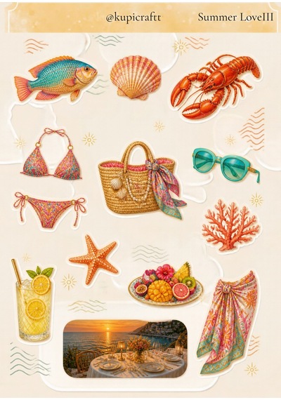 3 Sayfa Summer Love Sticker Set Ajanda Journal Scrapbook Yaz Temalı Etiket 0