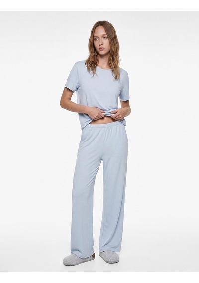 Koton Kısa Kollu Bisiklet Yaka Viskon Basic Pijama Üstü Mavi 6slk40028mk