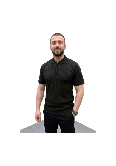 Efnaz Style Erkek Yazlık Triko Saç Örgü Tişört Kısa Kol Polo Yaka Fermuarlı T-shirt - Siyah Bej