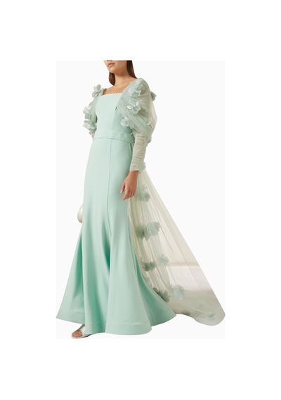 Ac By Aanchal Chanda 3d Floral - Applique Çiçek Aplikeli Uzun Kuyruklu Kadın Elbise Yeşil