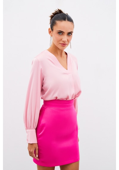 Sateen V Yaka Saten Bluz - Pembe-134907 Pembe
