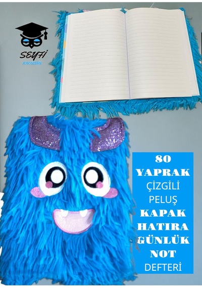 A5 14x20 Cm Ebat 80 Yaprak Çizgili Peluş Kapak Hatıra Günlük Not Defteri Mavi