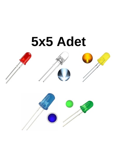 25 Adet 5mm Led Kırmızı, Sarı, Yeşil, Mavi, Beyaz 5'erli