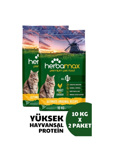 Herbamax Tavuklu ve Pirinçli Yetişkin Kedi Maması 2 x 10 KG