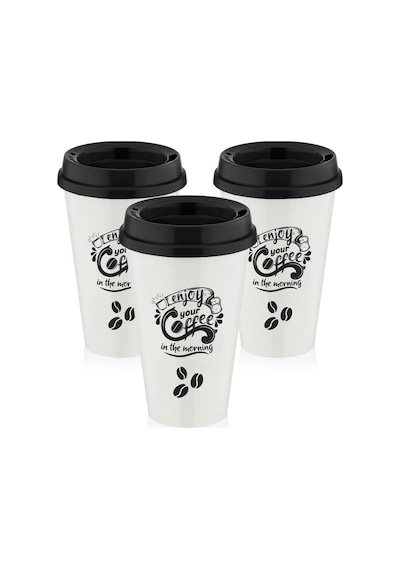 Enjoy Your Coffee Baskılı Kapaklı Plastik Bardak, 3'lü Set Kahve Bardağı çok renkli