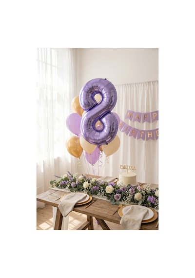 Mor Rakam 8 Balon 32 İnç 80 Cm Prenses Unicorn 8 Yaş Doğum Günü Fotoğraf Süsü Çok Renkli
