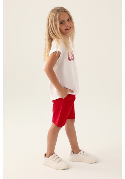 U.S. Polo Assn. Lisanslı Flower Written Kırmızı Kız Çocuk Bermuda Takım 5274-43168 Krem - Kırmızı